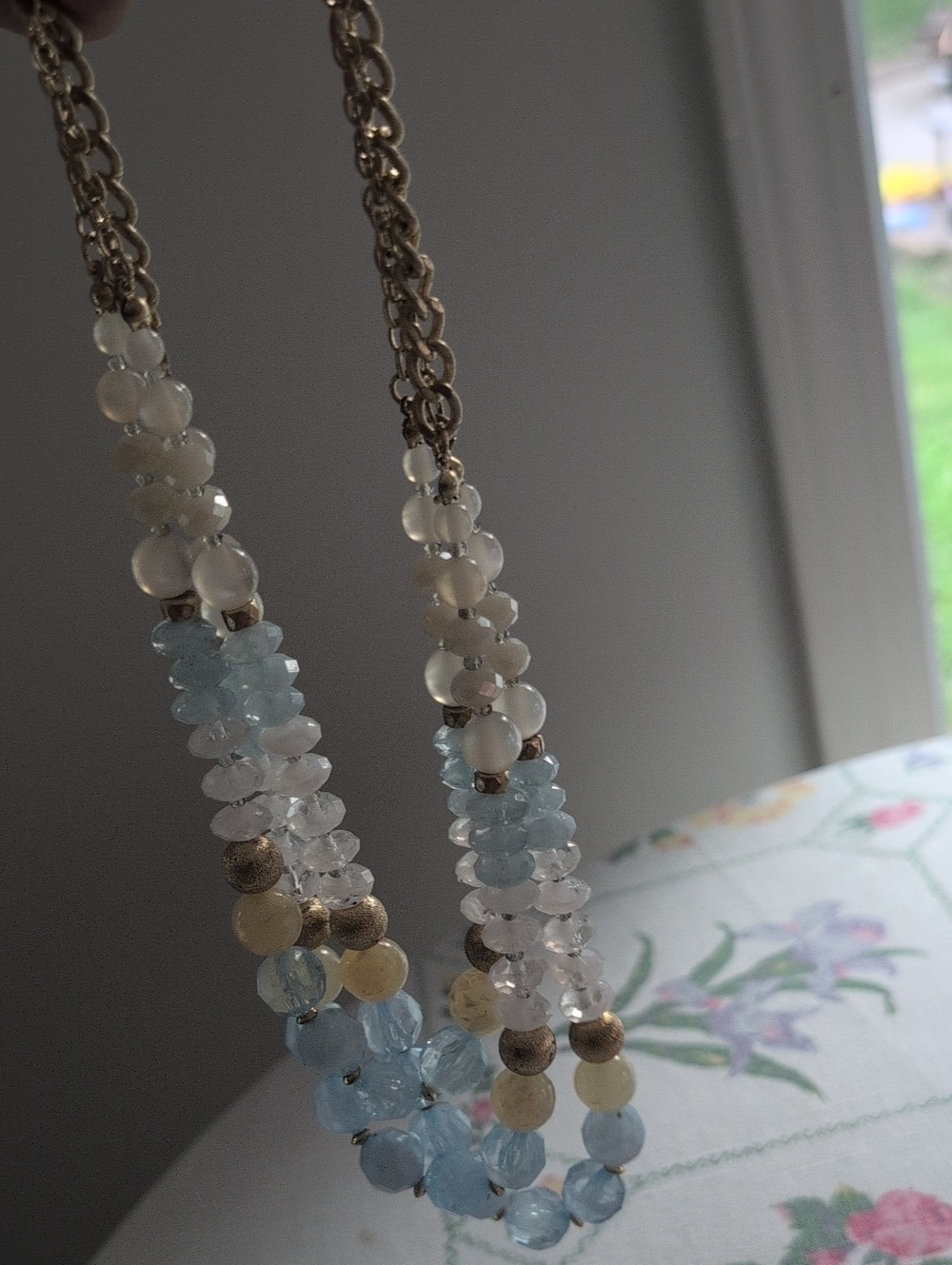 Elegant Blue and Cream Beaded Necklace - Unbranded
